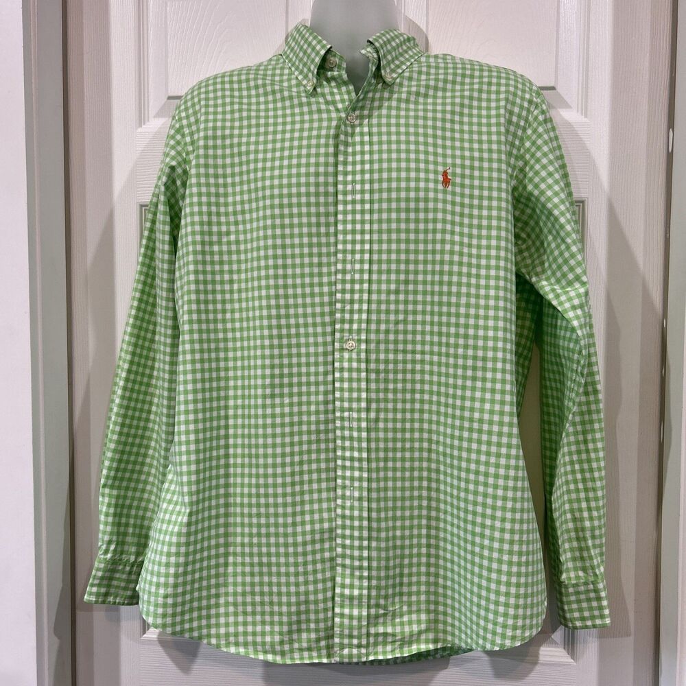 Ralph Lauren Green White Gingham Check Button Down Shirt Custom Fit L